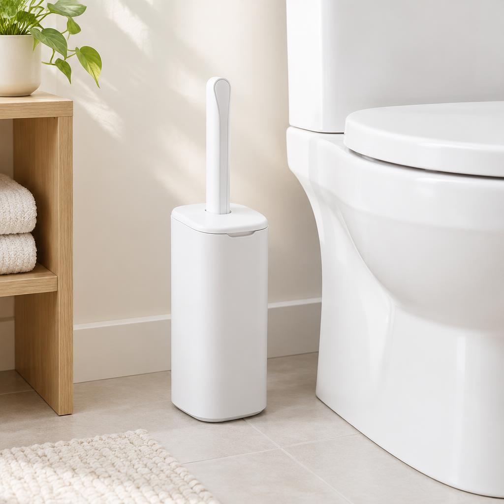 Slim white caddy standing on the bathroom floor beside the toilet, with a wooden shelf of folded towels and a trailing plant