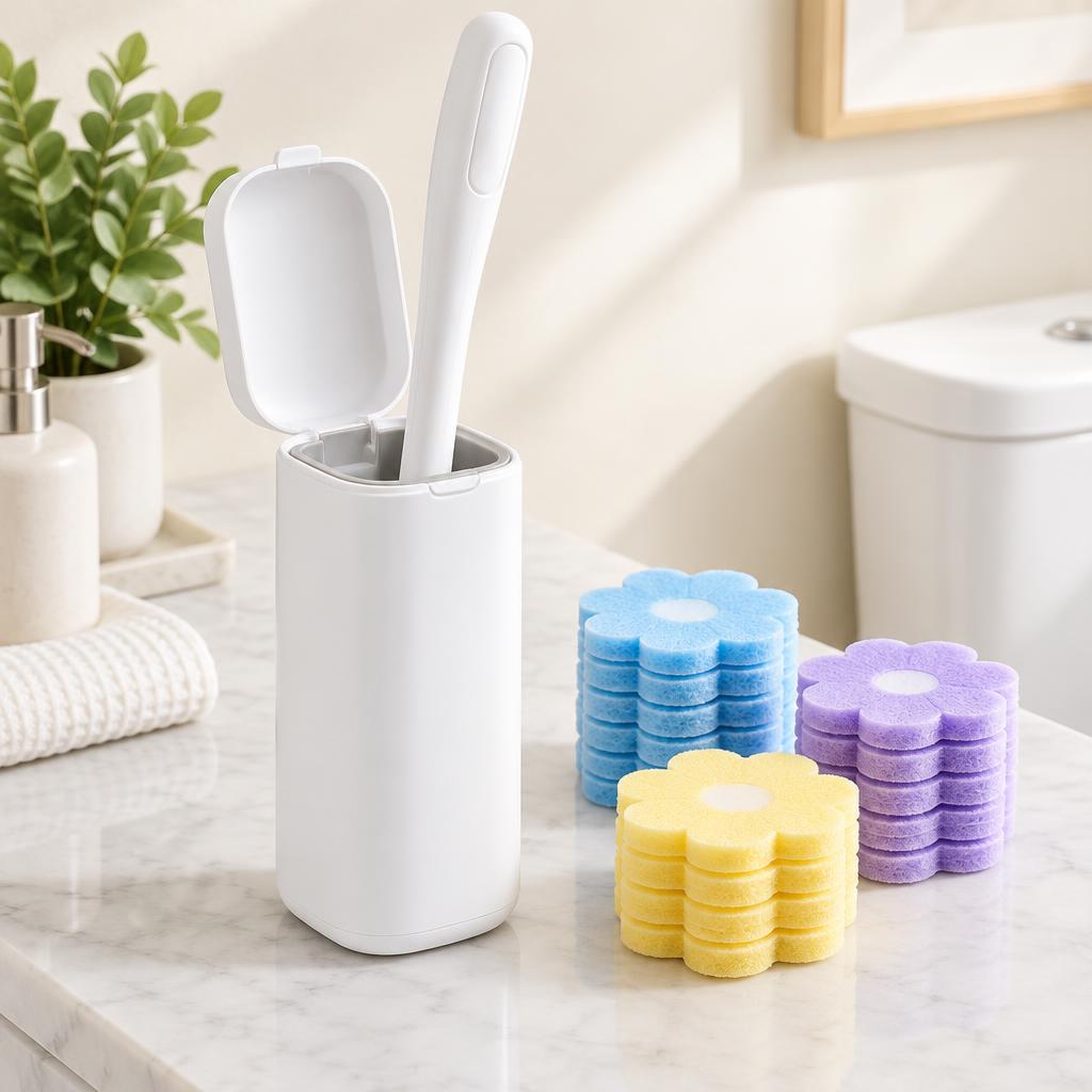 Flip-lid caddy with the wand and stacks of blue, lavender and yellow refill heads
