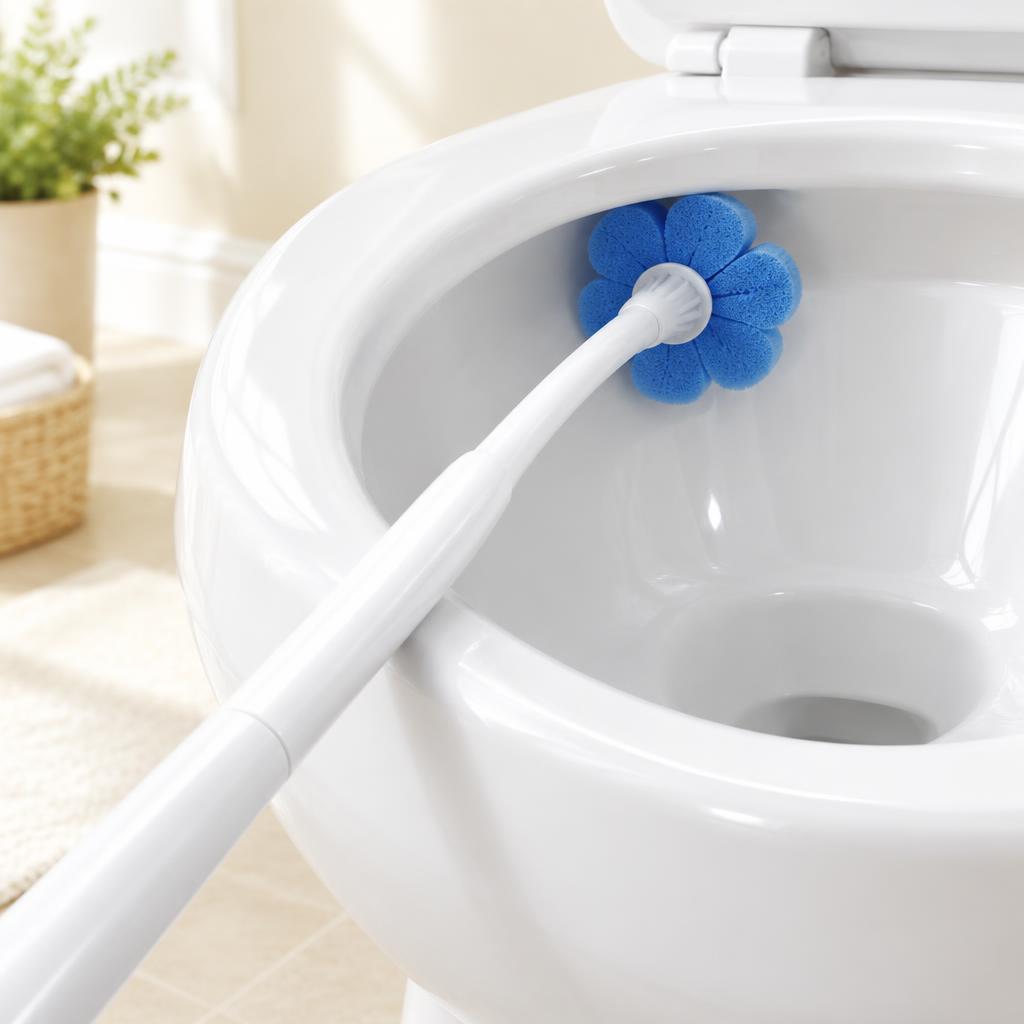 Flower-shaped head reaching under the toilet rim